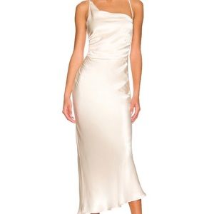 La Lune Asymmetrical Bias Cowl Midi Dress in Cream
